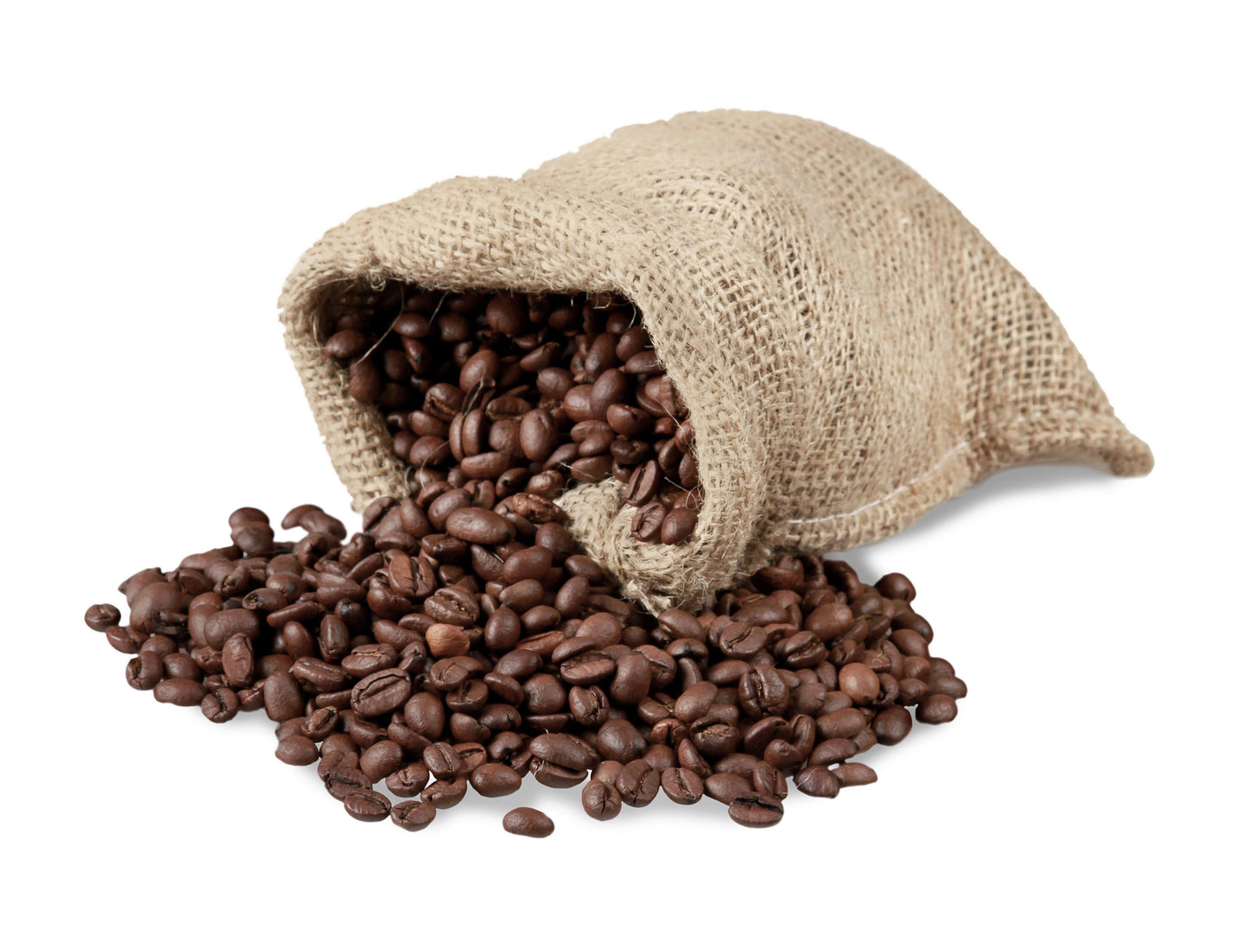 Sack of coffee beans spilling onto a white background