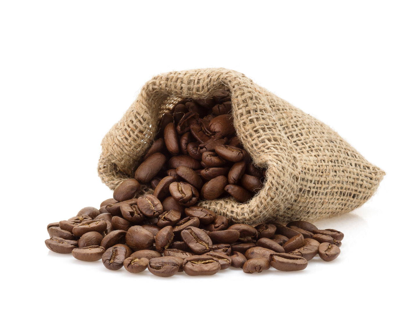 Sack of coffee beans spilling out on a white background